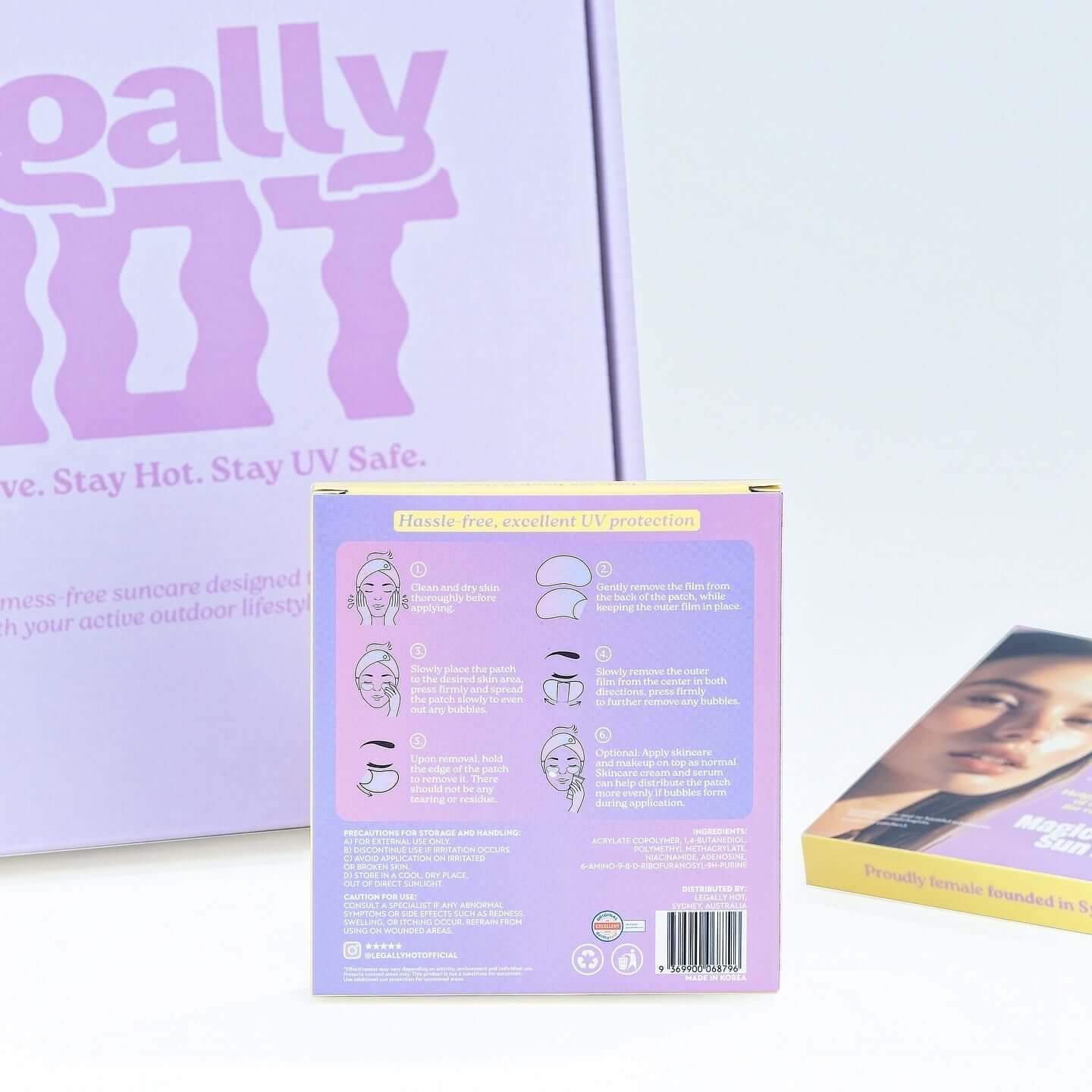 12-Hour Invisible UPF 50+ Sun Patches packaging showing UV protection instructions and product details.