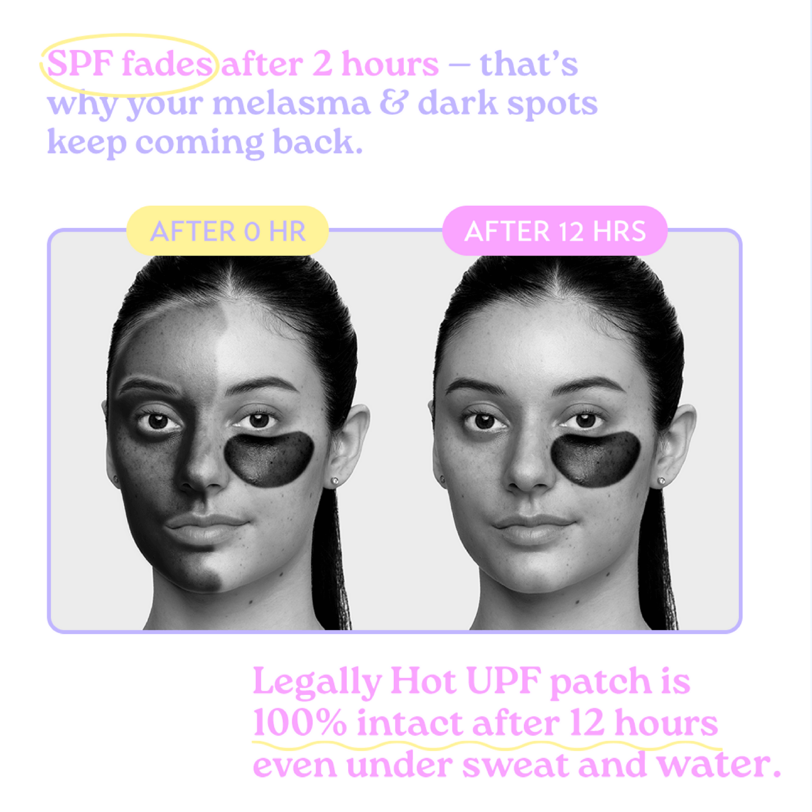 12-Hour Invisible UPF 50+ Sun Patches demonstrate effectiveness after 0 and 12 hours of wear.