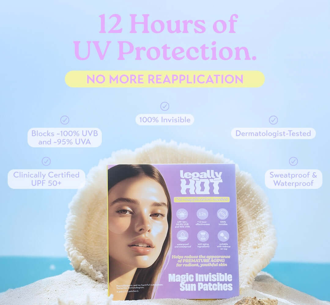 12-Hour Invisible UPF 50+ Sun Patches on sandy beach with text about UV protection and features.