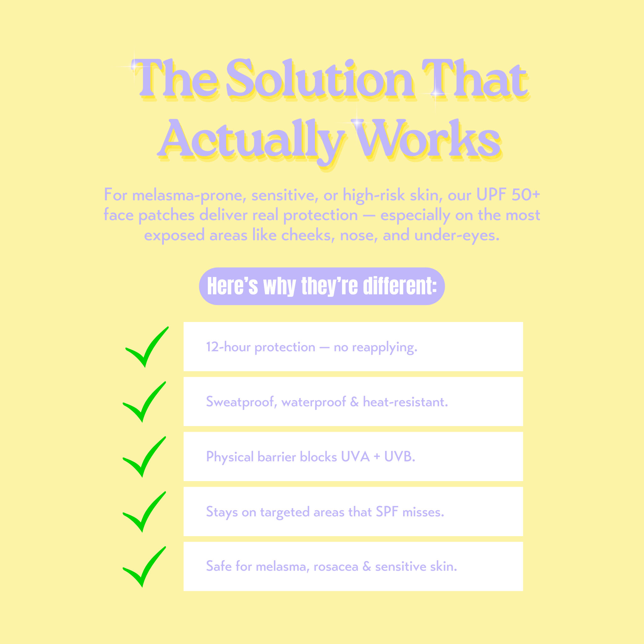 12-Hour Invisible UPF 50+ Sun Patches infographic highlighting benefits and features for sensitive skin protection.