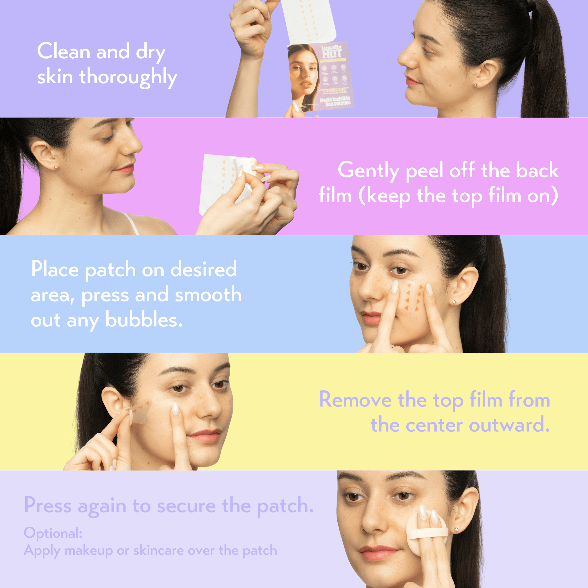 Instructions for using 12-Hour Invisible UPF 50+ Sun Patches, including application steps and skincare tips.