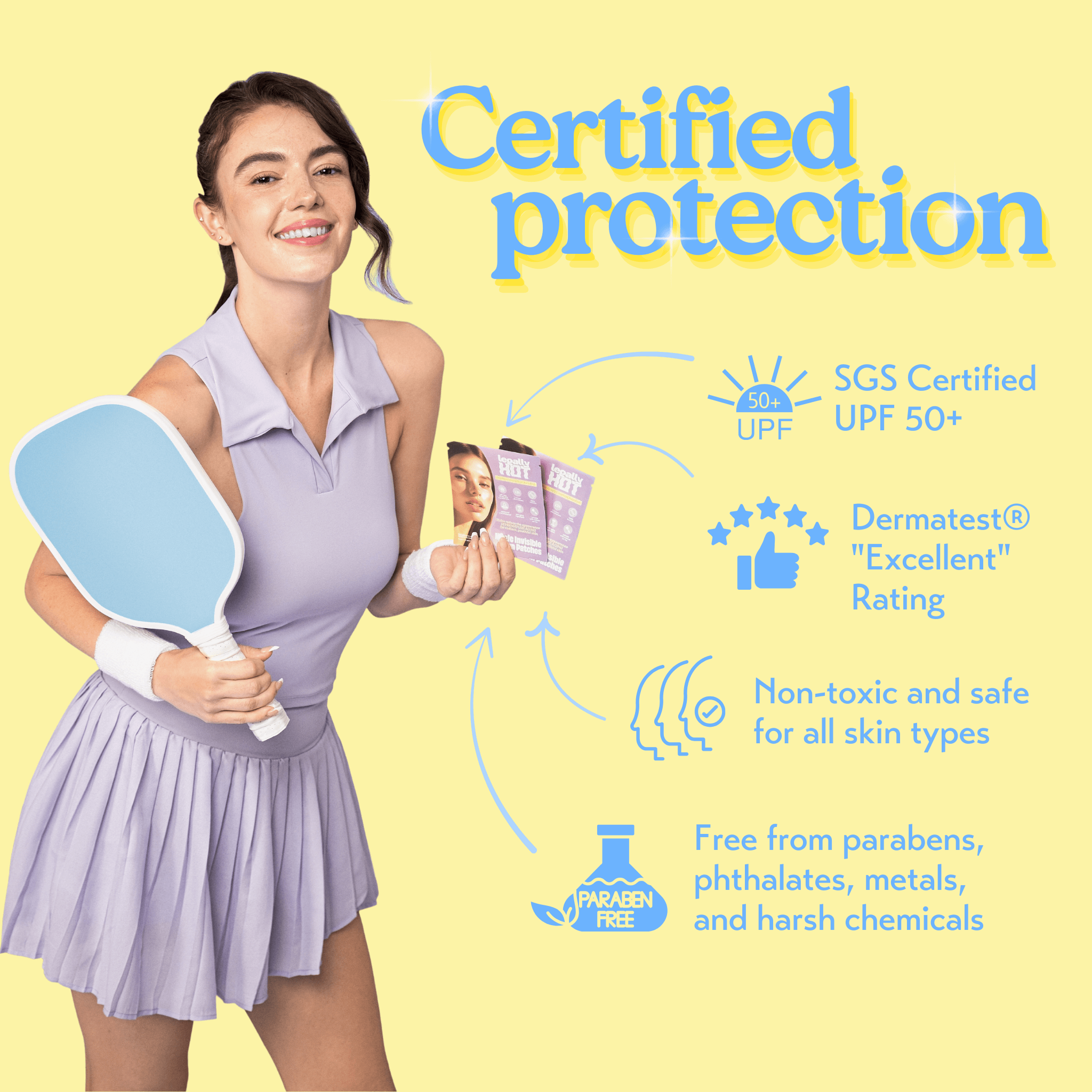 12-Hour Invisible UPF 50+ Sun Patches providing certified protection with non-toxic, all-skin-type safety.