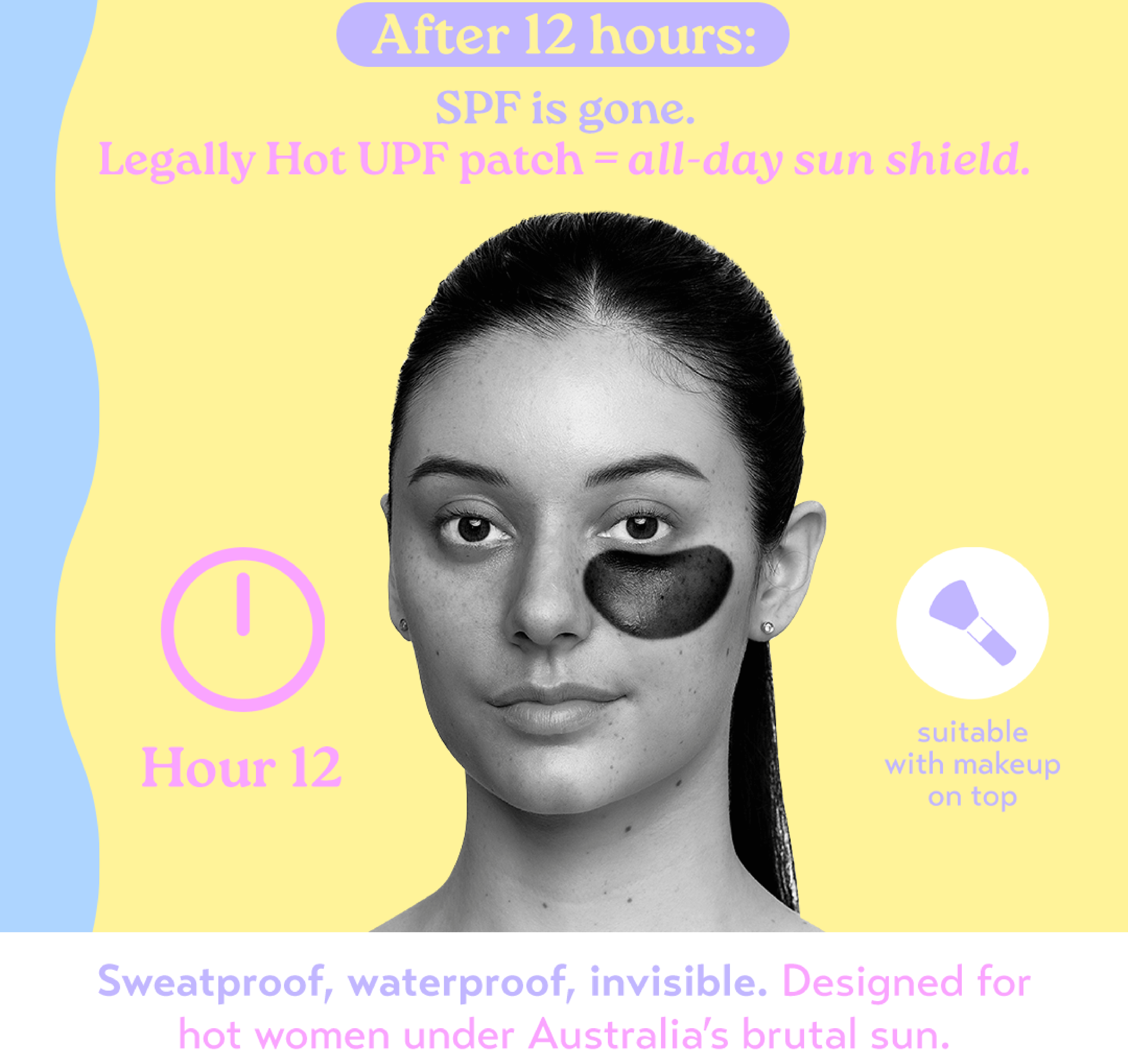 12-Hour Invisible UPF 50+ Sun Patches demonstrate all-day sun protection, sweatproof and waterproof features for outdoor activities.