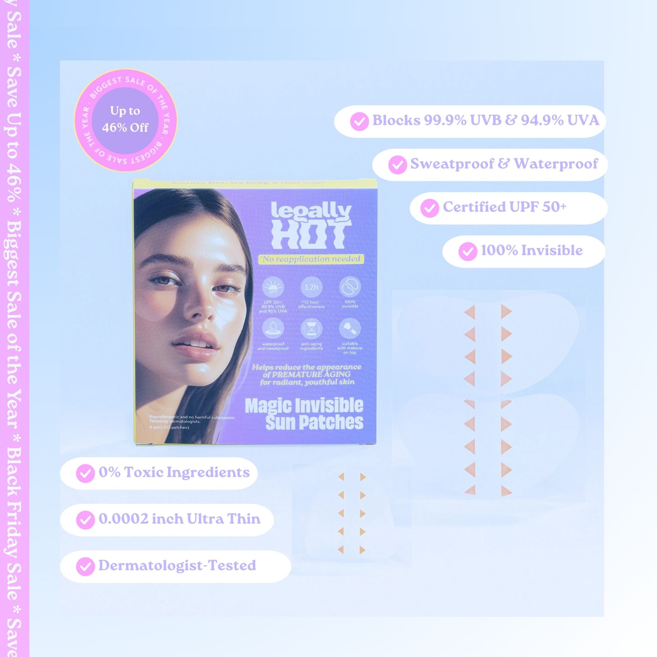 12-Hour Invisible UPF 50+ Sun Patches packaging showcasing sun protection features and benefits.