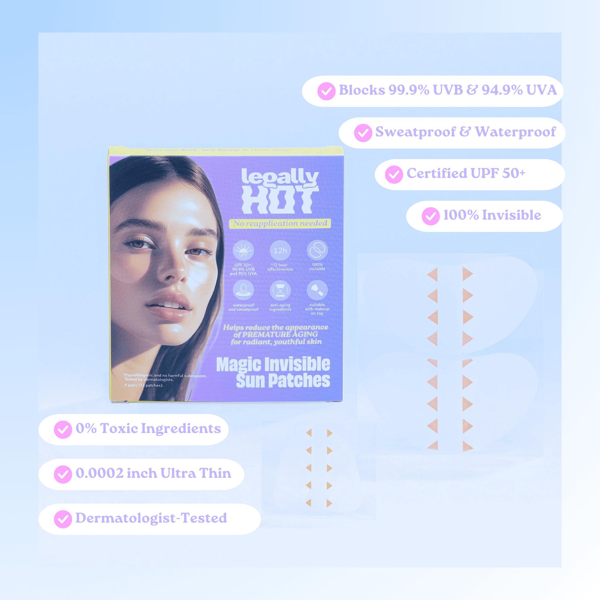 12-Hour Invisible UPF 50+ Sun Patches packaging showcasing sun protection features and benefits.