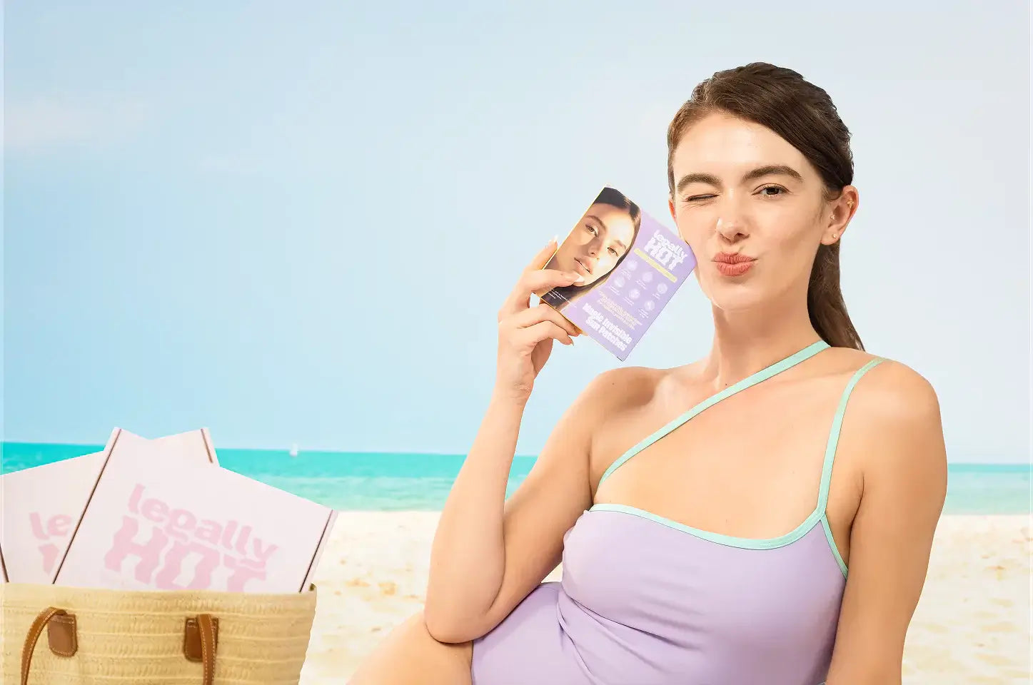 Australia's 1st 12-Hour Invisible UPF 50+ Sun Patches displayed by a woman at the beach, enjoying sun protection.