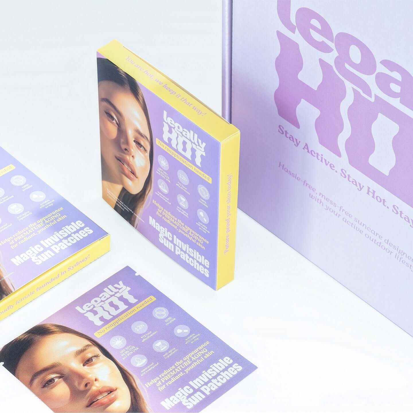 12-Hour Invisible UPF 50+ Sun Patches packaging displayed with information on sun protection benefits