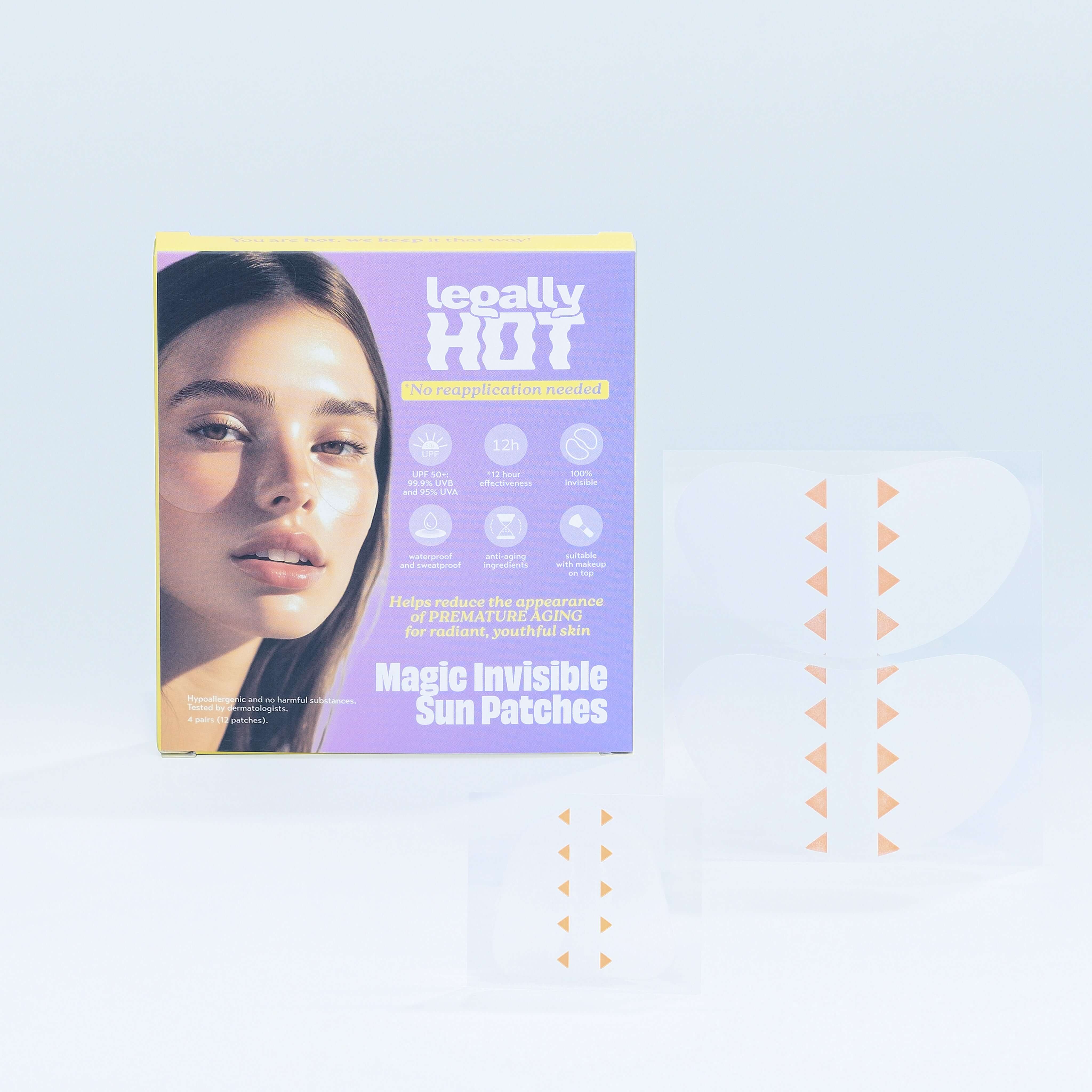 12-Hour Invisible UPF 50+ Sun Patches packaging with model, promoting sun protection and long-lasting UV defense.