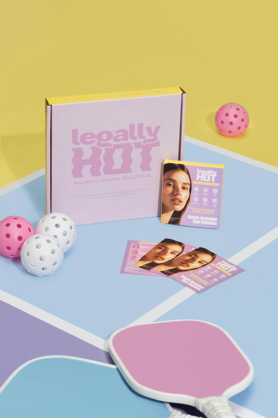 Australia's 1st 12-Hour Invisible UPF 50+ Sun Patches displayed with game supplies and colorful background.