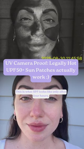 12-Hour Invisible UPF 50+ Sun Patches shown in UV camera results, demonstrating effective sun protection.