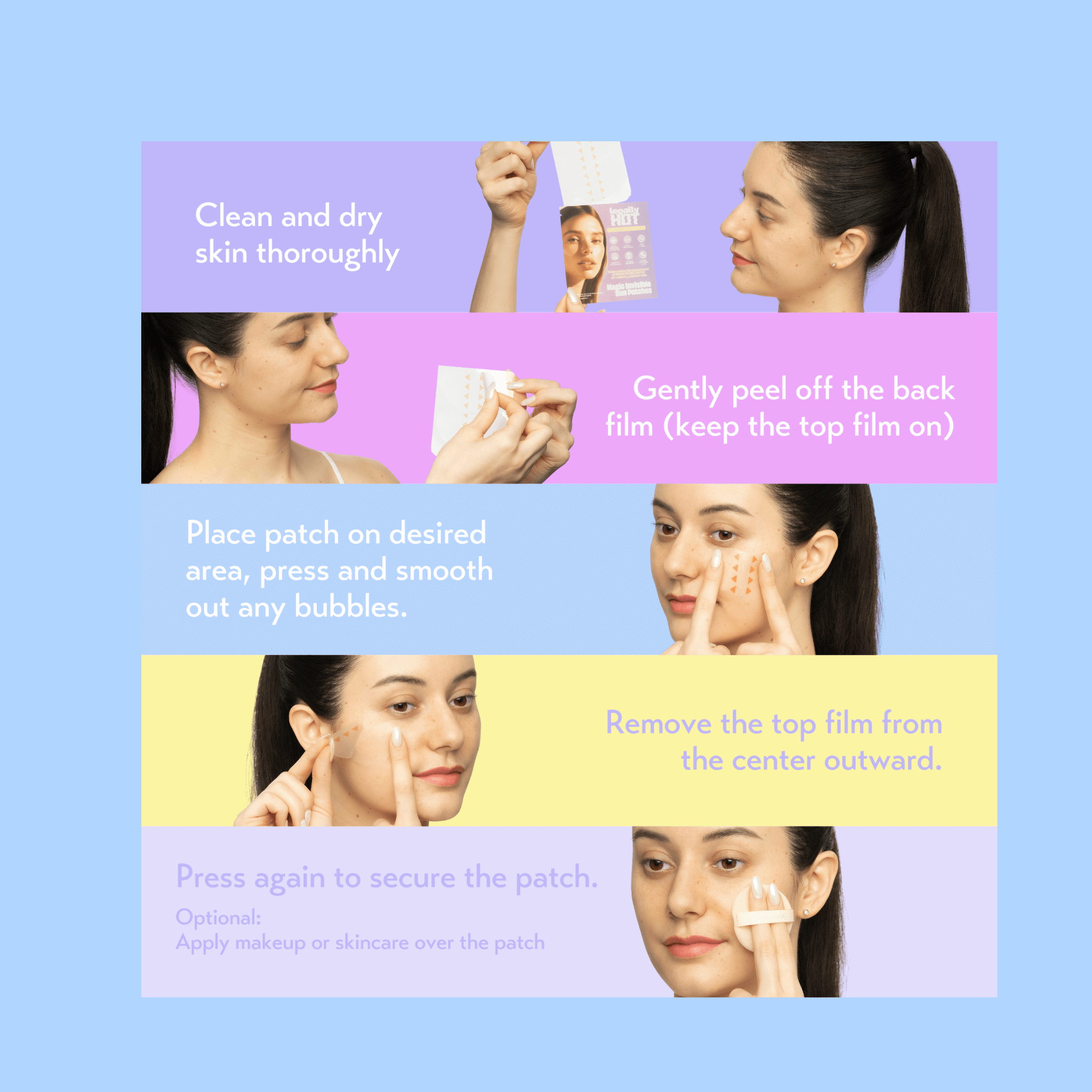 Instructions for applying 12-Hour Invisible UPF 50+ Sun Patches for optimal UV protection.